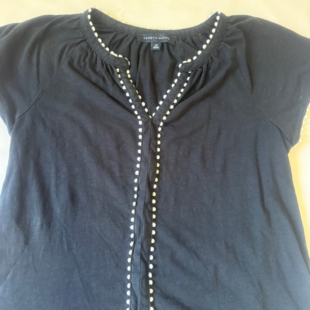 RARE Tommy Hilfiger Black‎ Pom Pom Trim V-Neck Short Sleeve Blouse Top Womens S